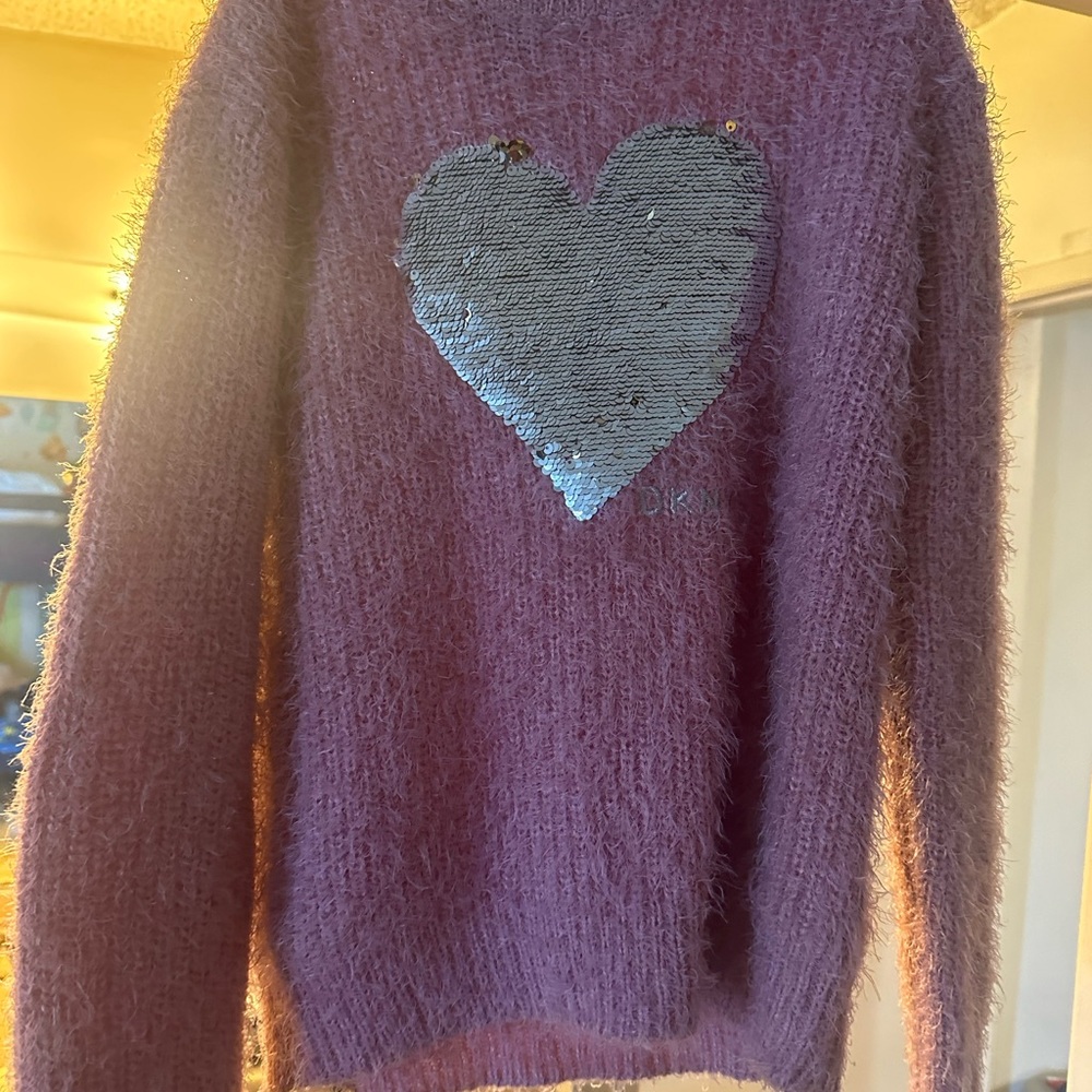 DKNY girls size 8-10 flip sequin sweater mauve/pink with gold/silver heart